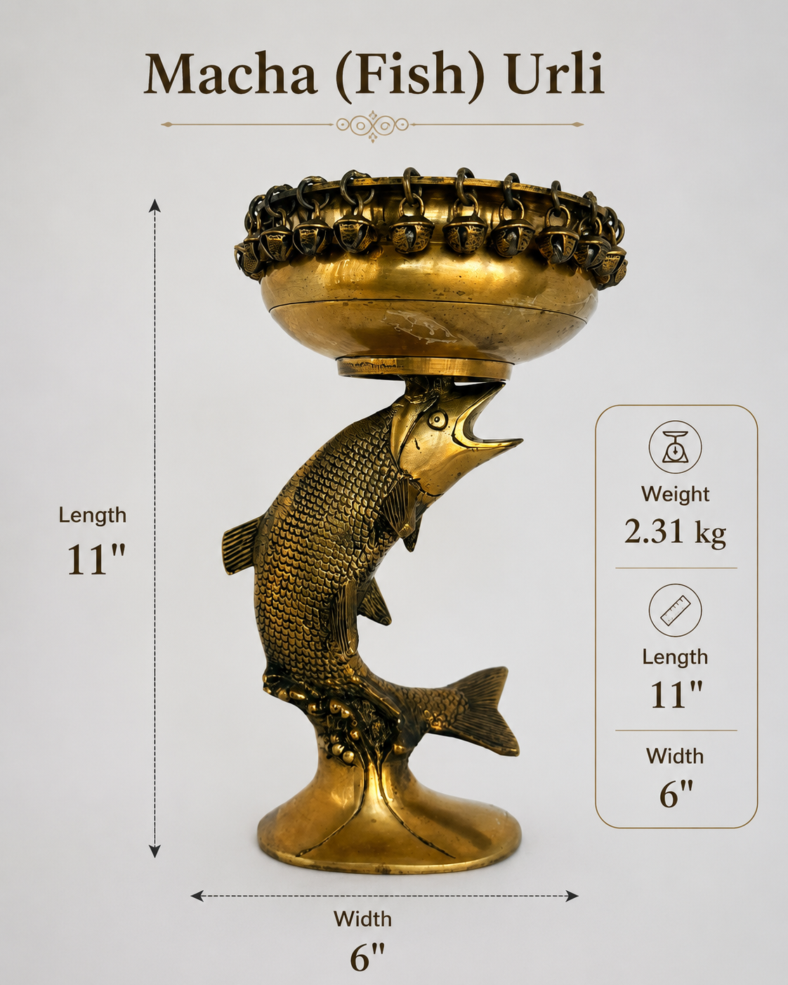 Handcrafted Handcrafted Brass Maccha (Fish) Urli with Bells