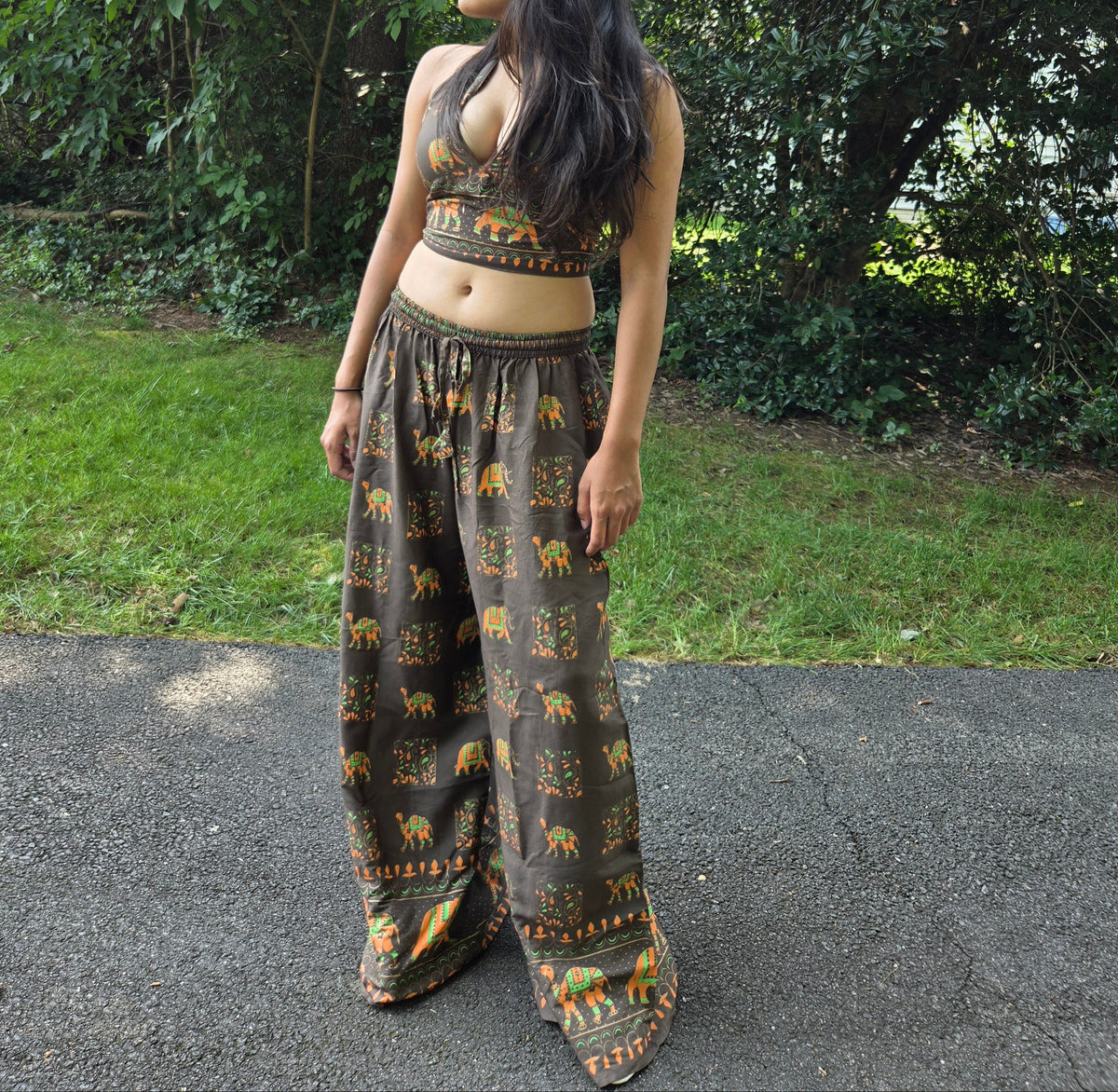 Boho Elephant Halter & Wide-Leg Pants Set