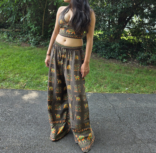 Boho Elephant Halter & Wide-Leg Pants Set