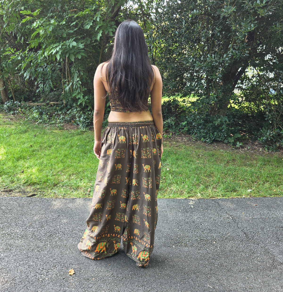 Boho Elephant Halter & Wide-Leg Pants Set