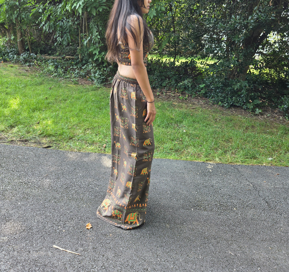 Boho Elephant Halter & Wide-Leg Pants Set