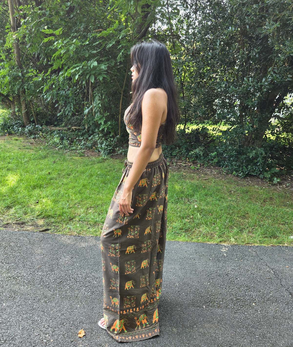 Boho Elephant Halter & Wide-Leg Pants Set