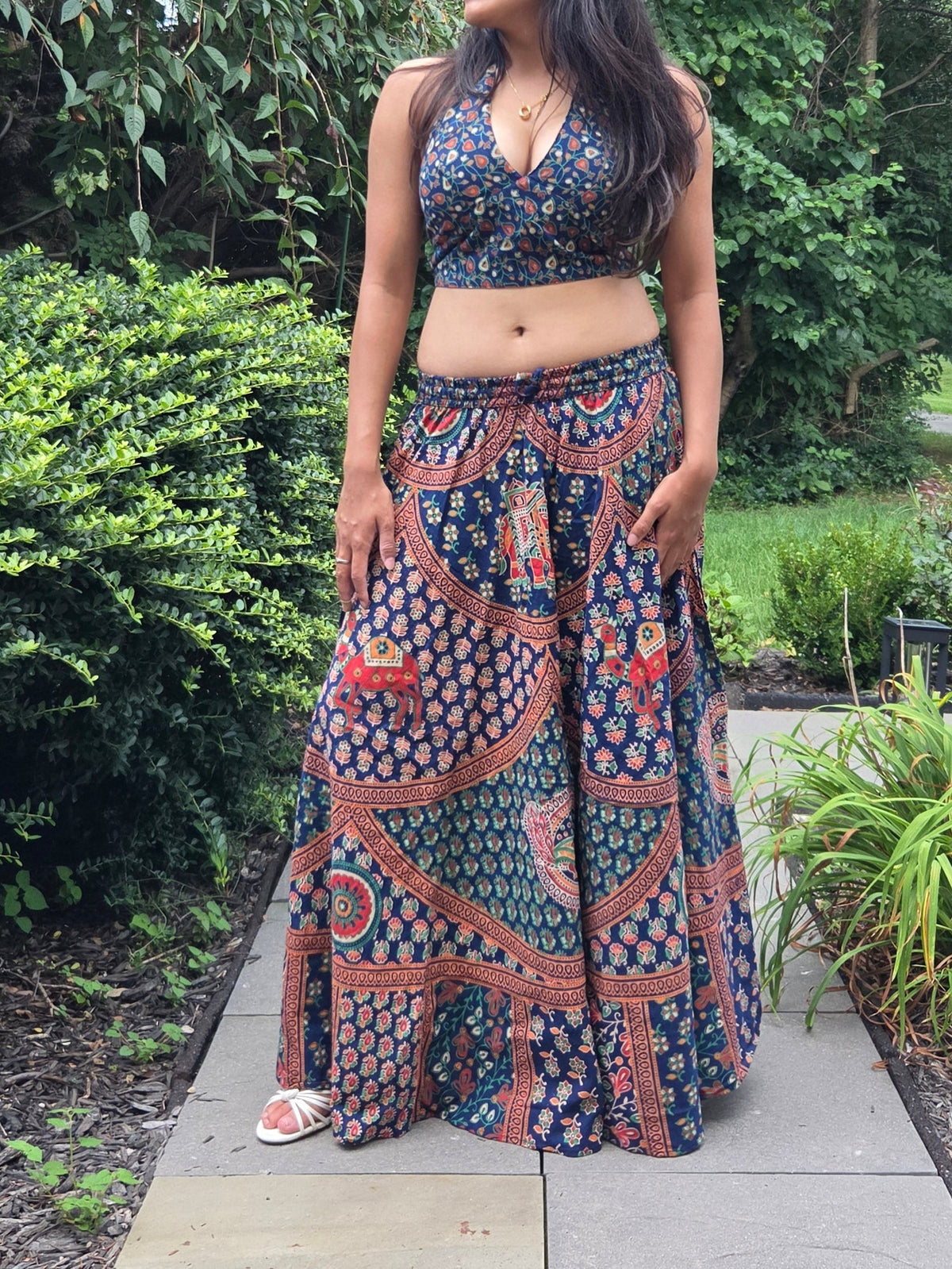 Midnight Indigo -Printed Top & Flowy Maxi Skirt Set