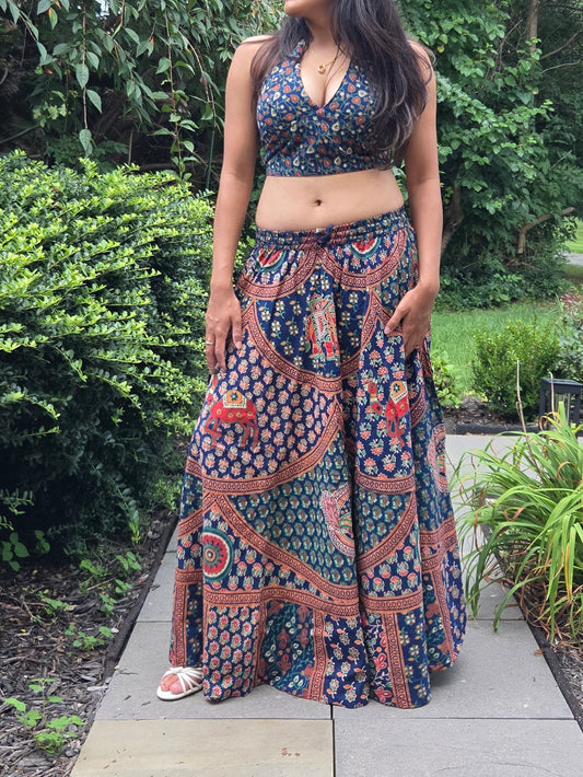 Midnight Indigo -Printed Top & Flowy Maxi Skirt Set