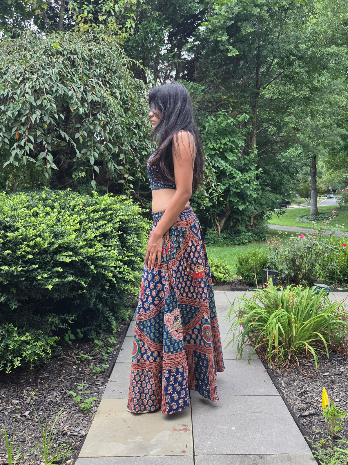 Midnight Indigo -Printed Top & Flowy Maxi Skirt Set