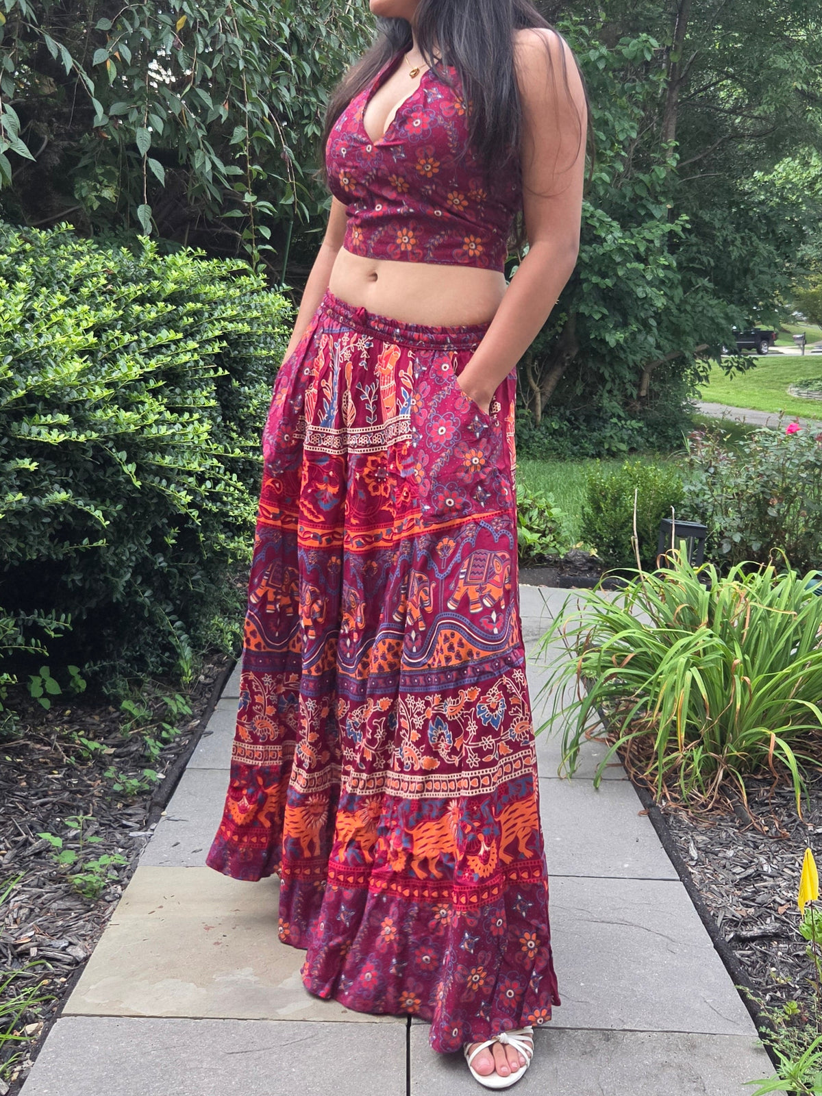 Deep Burgundy Printed Top & Flowy Maxi Skirt Set