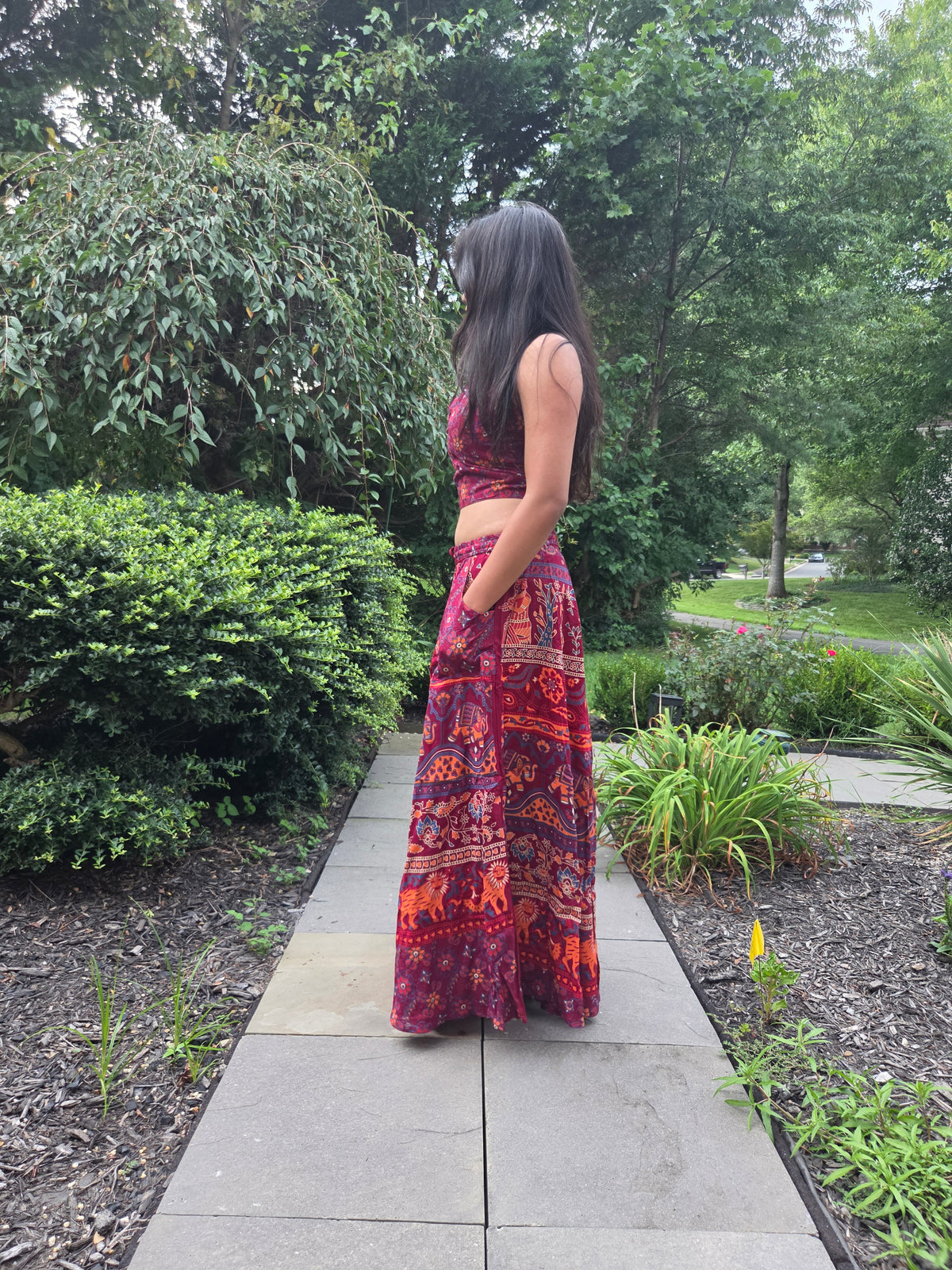 Deep Burgundy Printed Top & Flowy Maxi Skirt Set