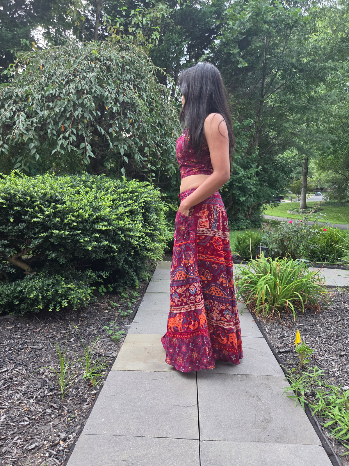 Deep Burgundy Printed Top & Flowy Maxi Skirt Set