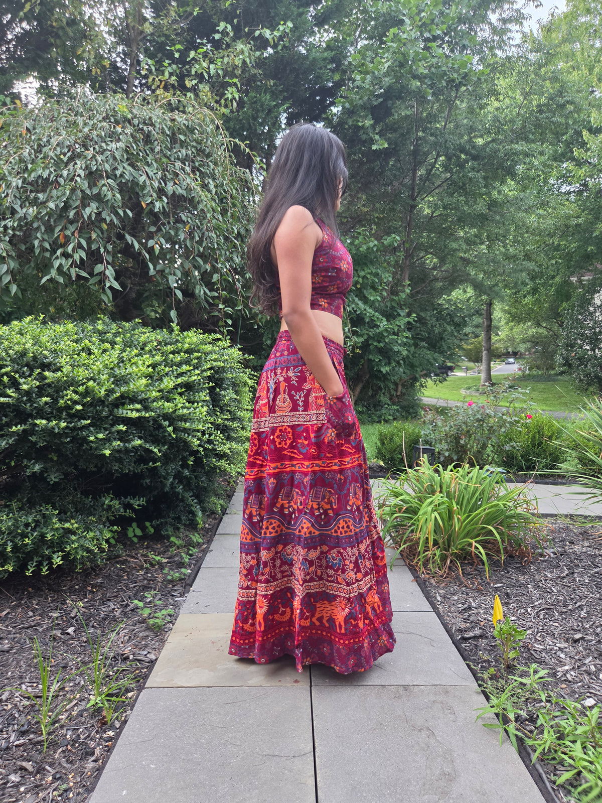 Deep Burgundy Printed Top & Flowy Maxi Skirt Set