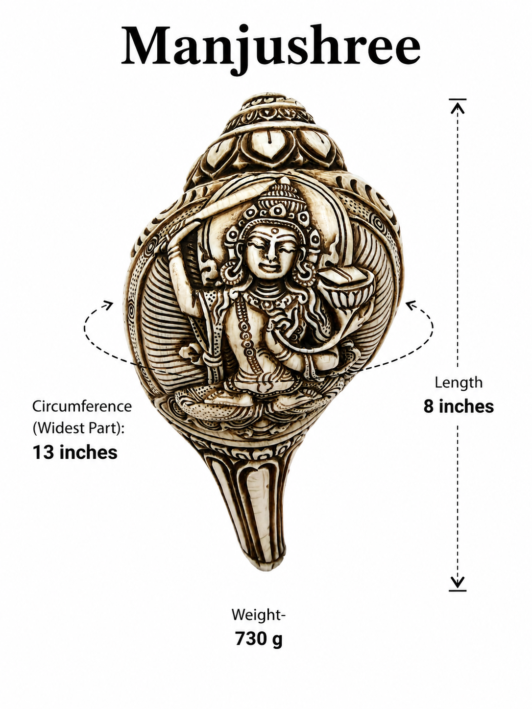 Natural Hand-Carved Manjushree Sculpture Conch Shell