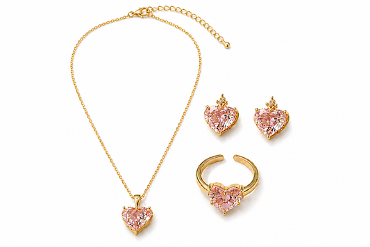 Pink Heart Zircon Jewelry Set – Necklace, Earrings & Adjustable Ring