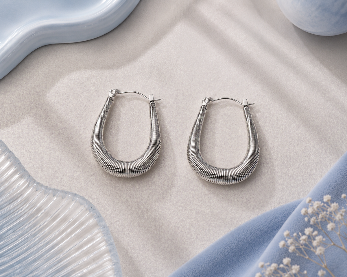 Ribbed Oval Hoop Earrings