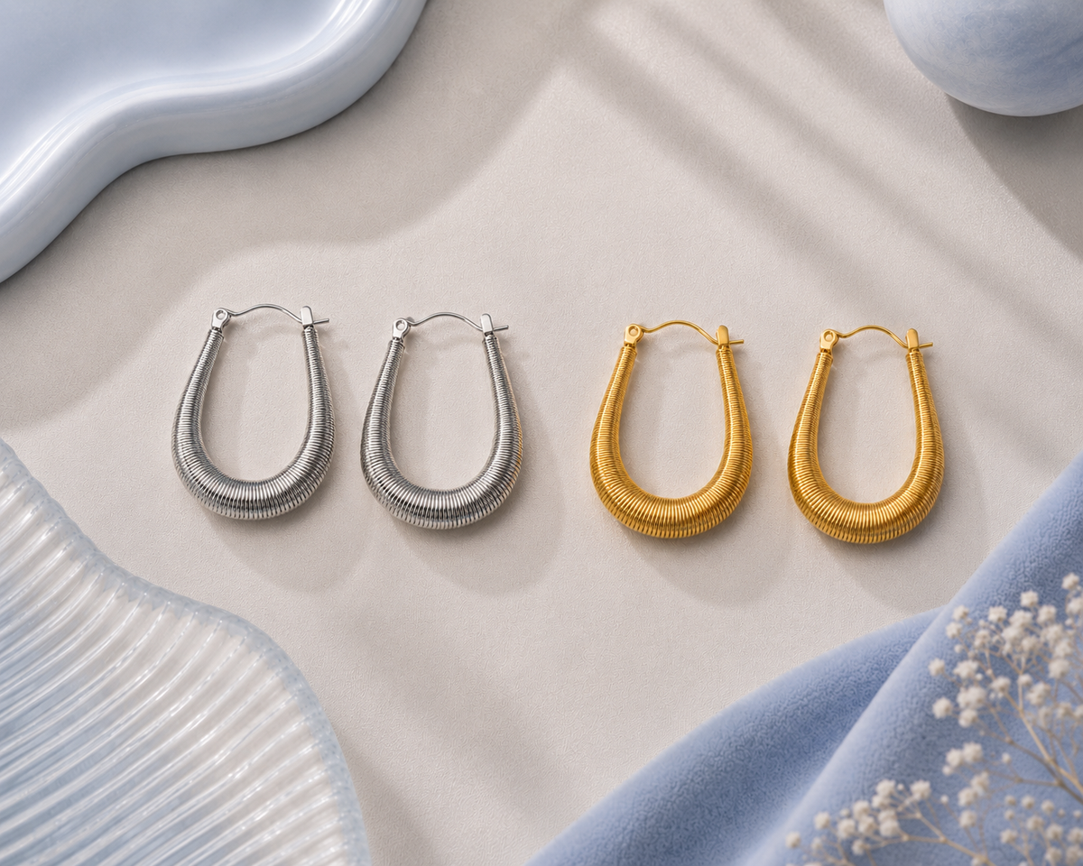 Ribbed Oval Hoop Earrings