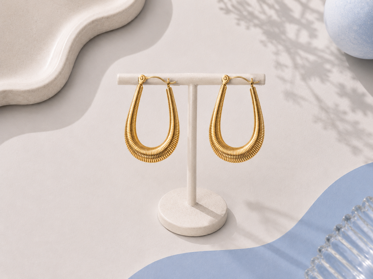 Ribbed Oval Hoop Earrings