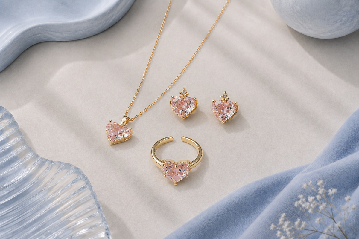 Pink Heart Zircon Jewelry Set – Necklace, Earrings & Adjustable Ring