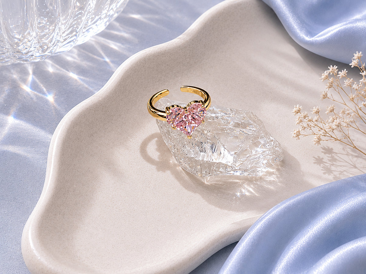 Pink Heart Zircon Jewelry Set – Necklace, Earrings & Adjustable Ring