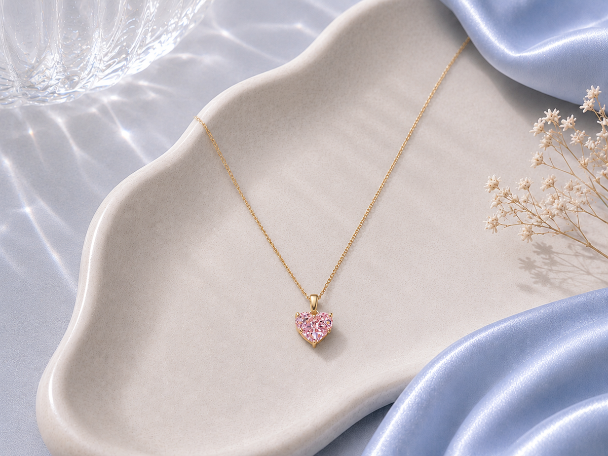 Pink Heart Zircon Jewelry Set – Necklace, Earrings & Adjustable Ring