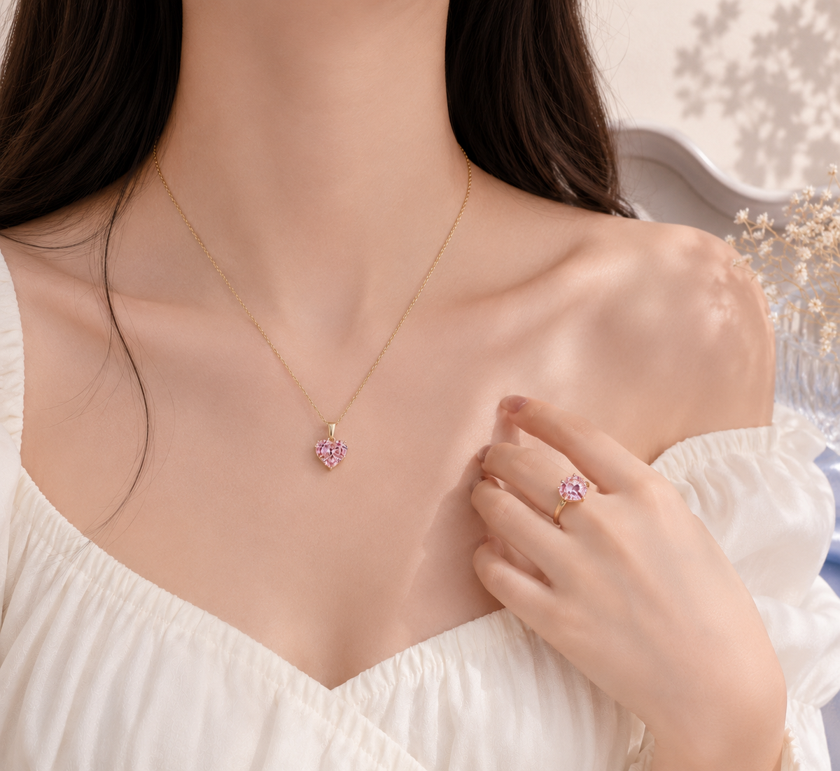 Pink Heart Zircon Jewelry Set – Necklace, Earrings & Adjustable Ring