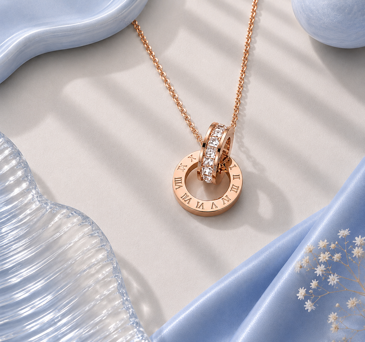 Roman Numeral Crystal Pendant Necklace